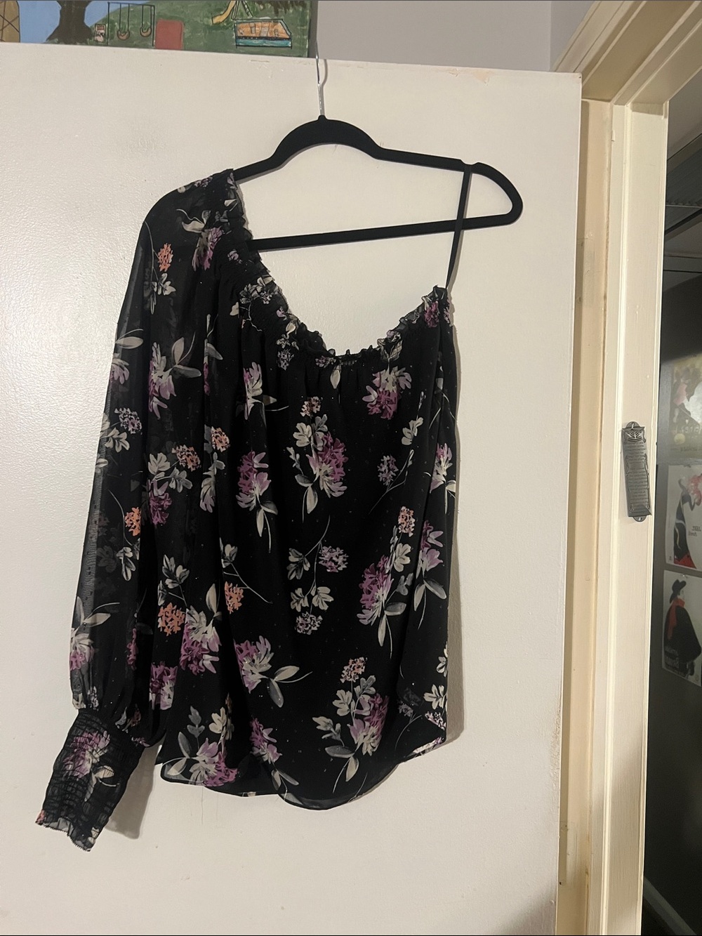 White House|Black Market black floral off shoulder one sleeve top. Sheer arm.